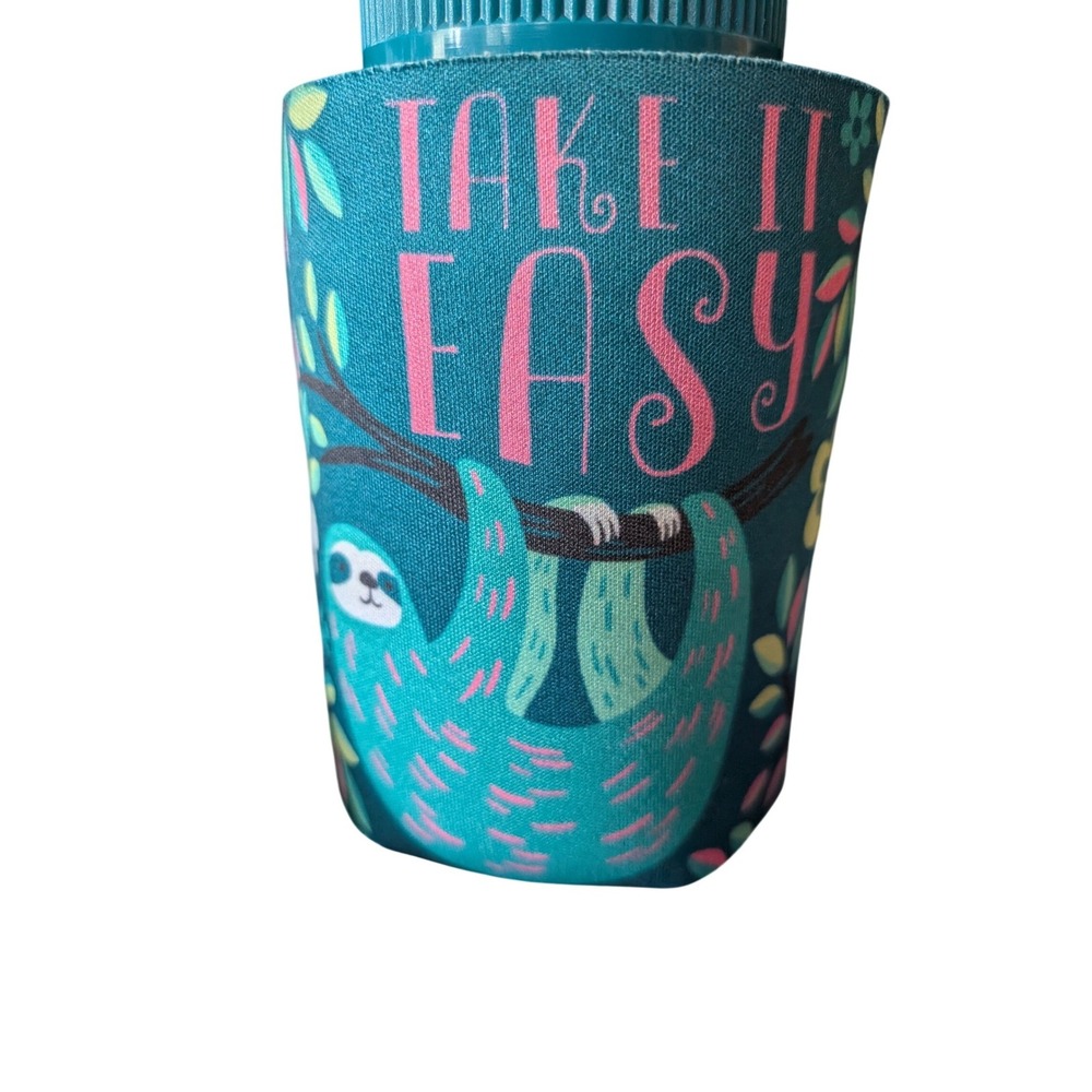 Karma Take It Easy Sloth Neoprene Can Cooler Beverage Sleeve Teal Floral